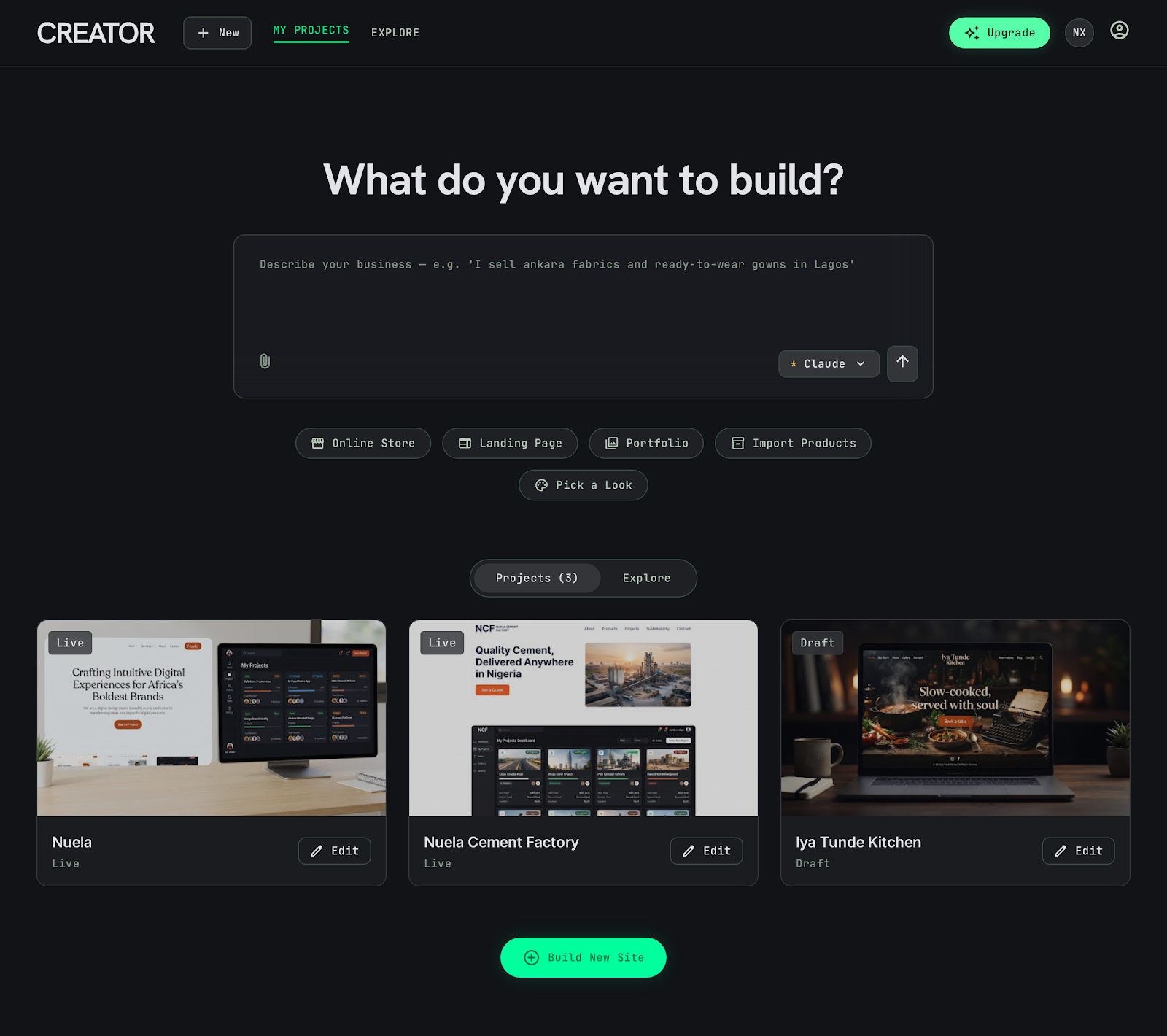 Creator AI website builder dashboard preview